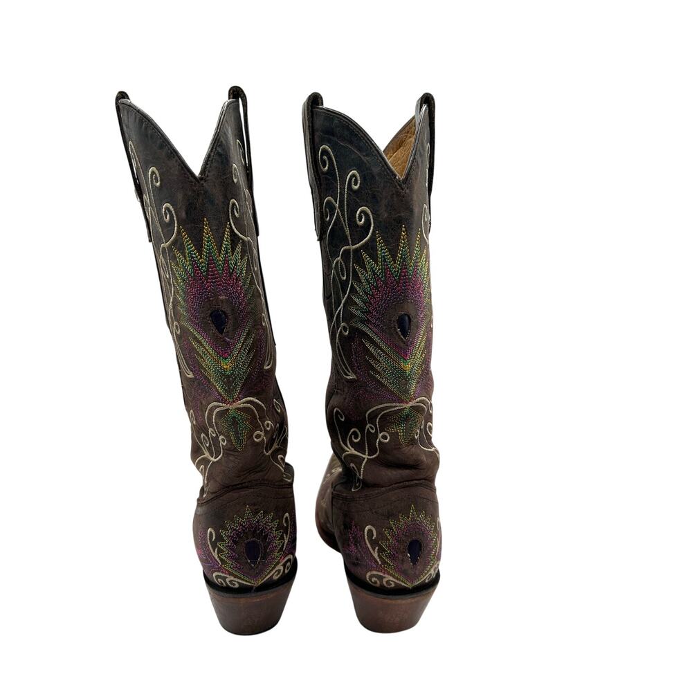 Tony Lama Women's Espresso  Western leather cowgirl boots peacock feather SZ 8 - Picture 7 of 9